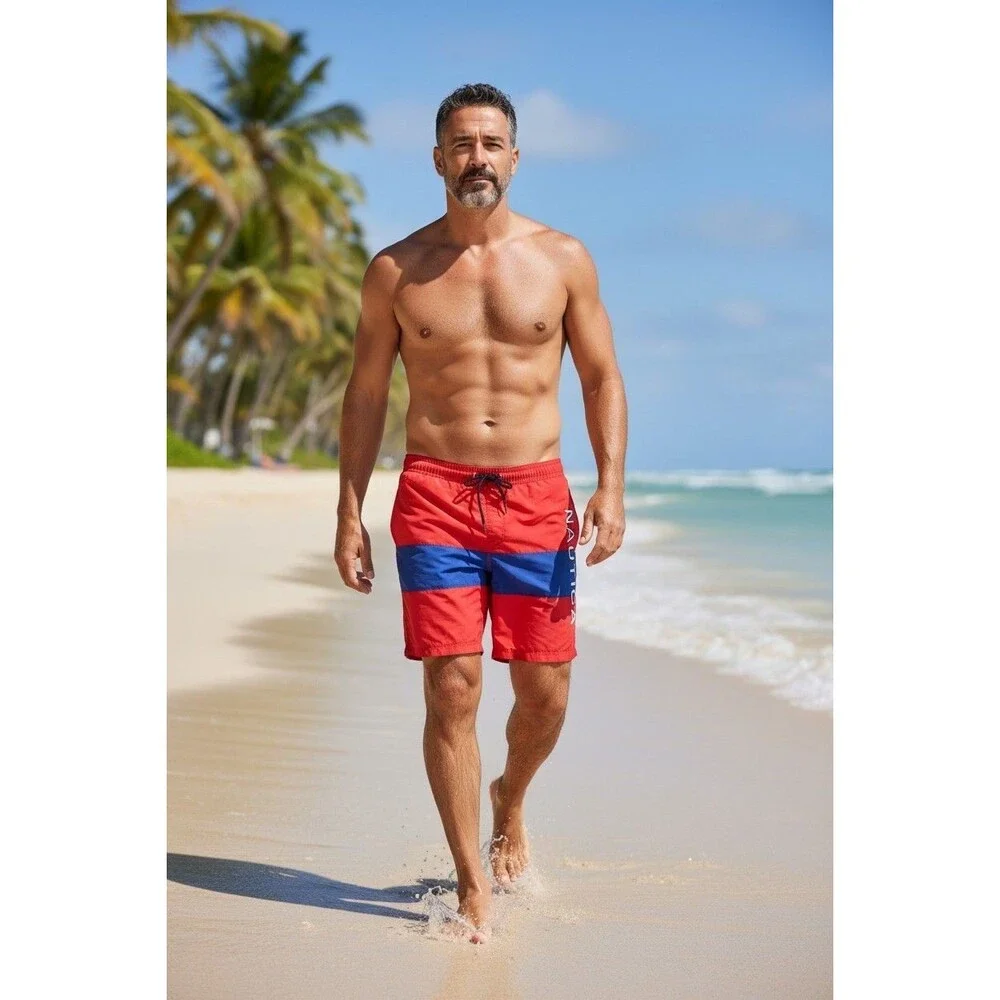 Men's Nautica Size XL Blue Red Color Block Pockets Drawstring Nylon Swim Trunks